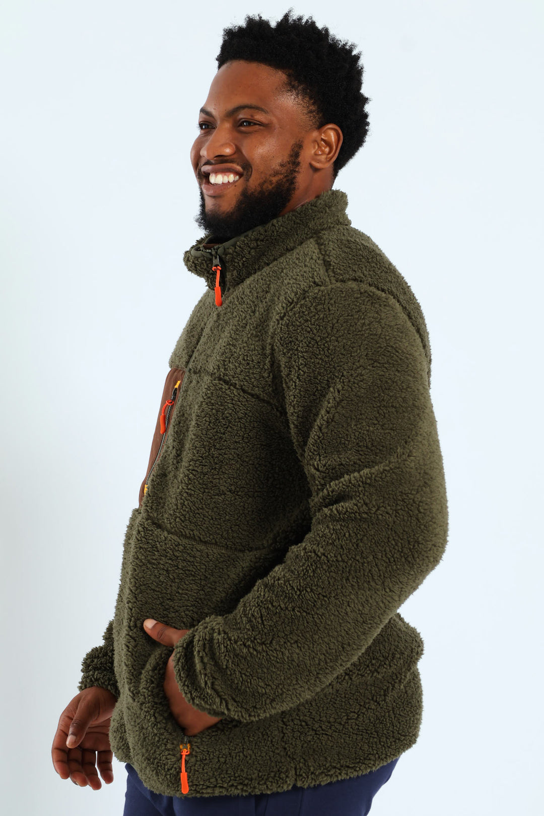 Borg Nylon Zip Through Track Top - Olive