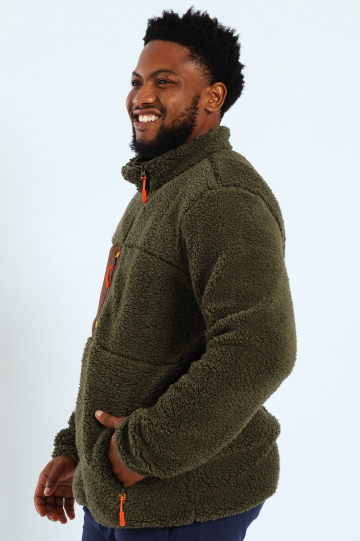 Borg Nylon Zip Through Track Top - Olive