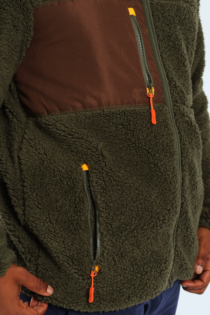 Borg Nylon Zip Through Track Top - Olive