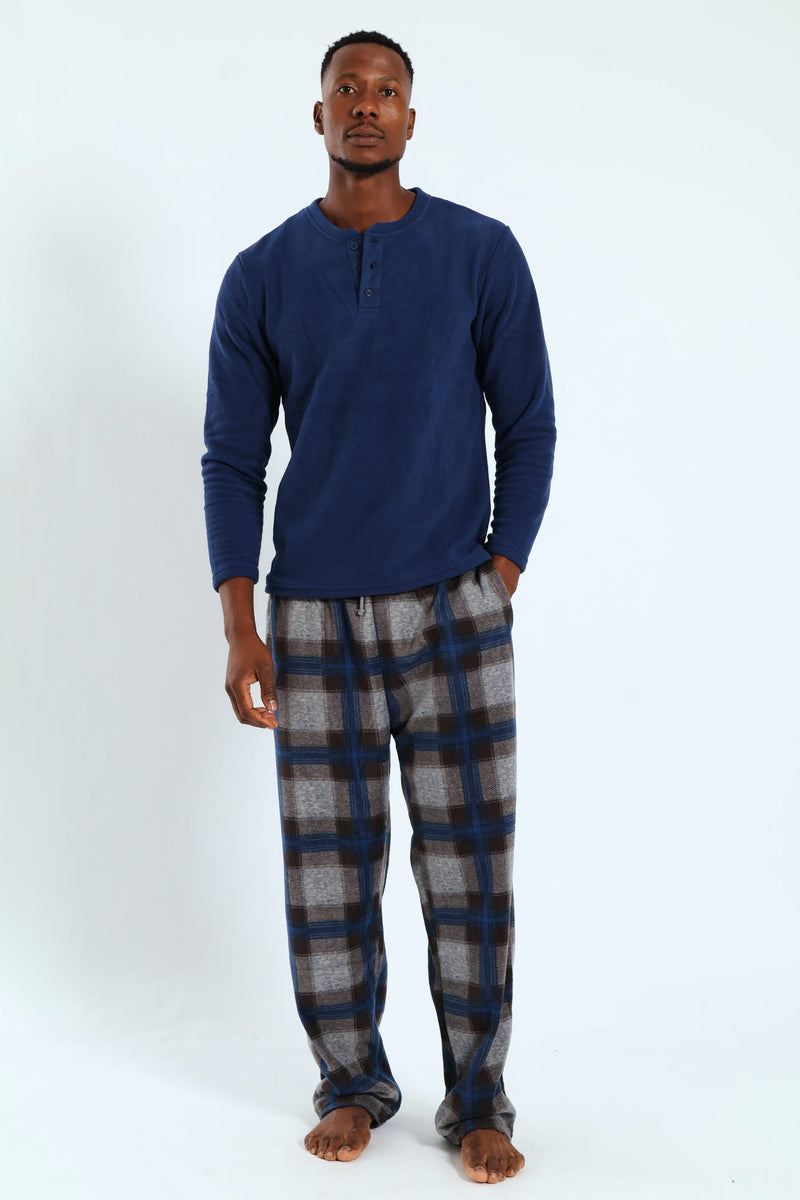 Polar Fleece Long Sleeve Top & Check Pant Pj Set - Indigo