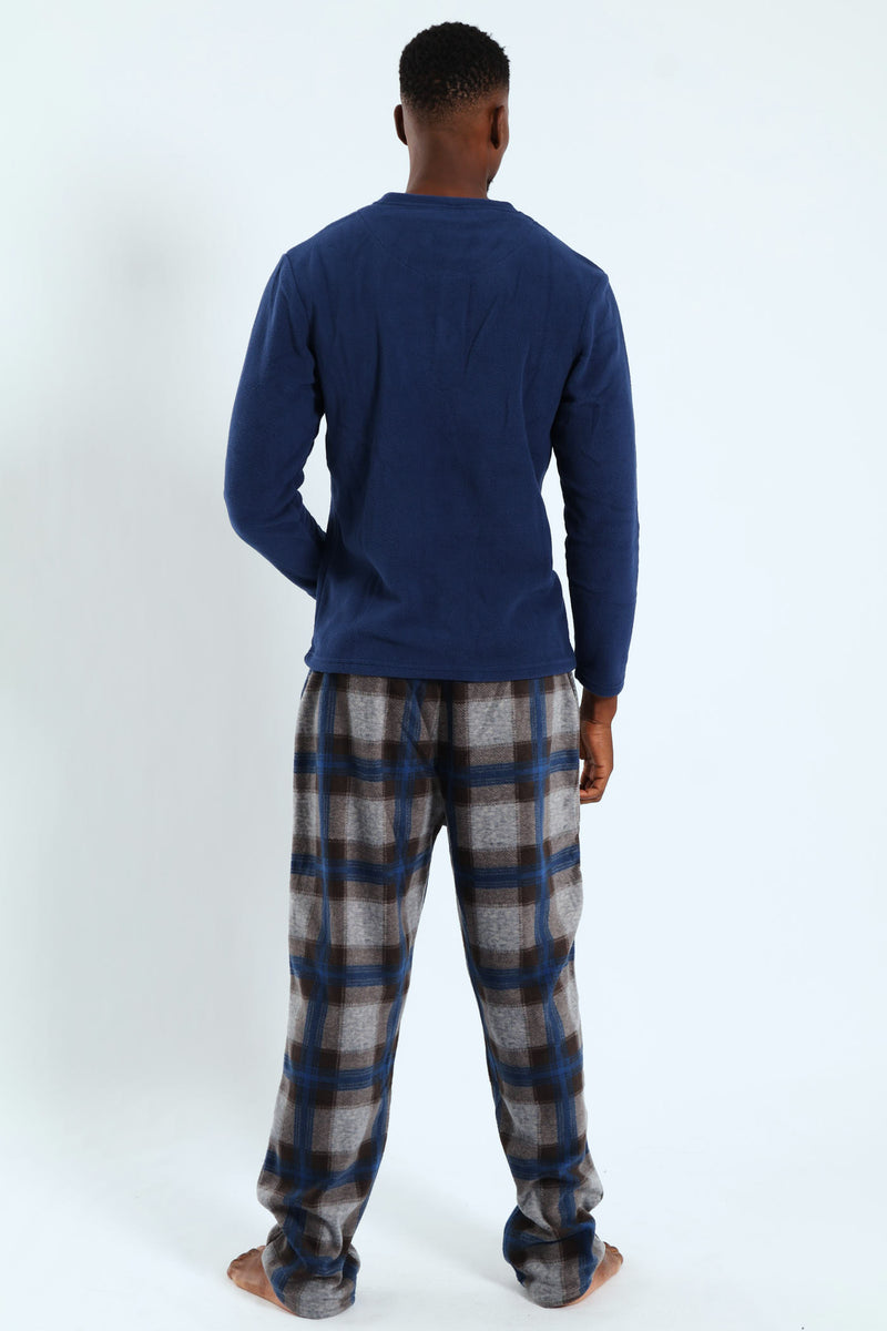Polar Fleece Long Sleeve Top & Check Pant Pj Set - Indigo