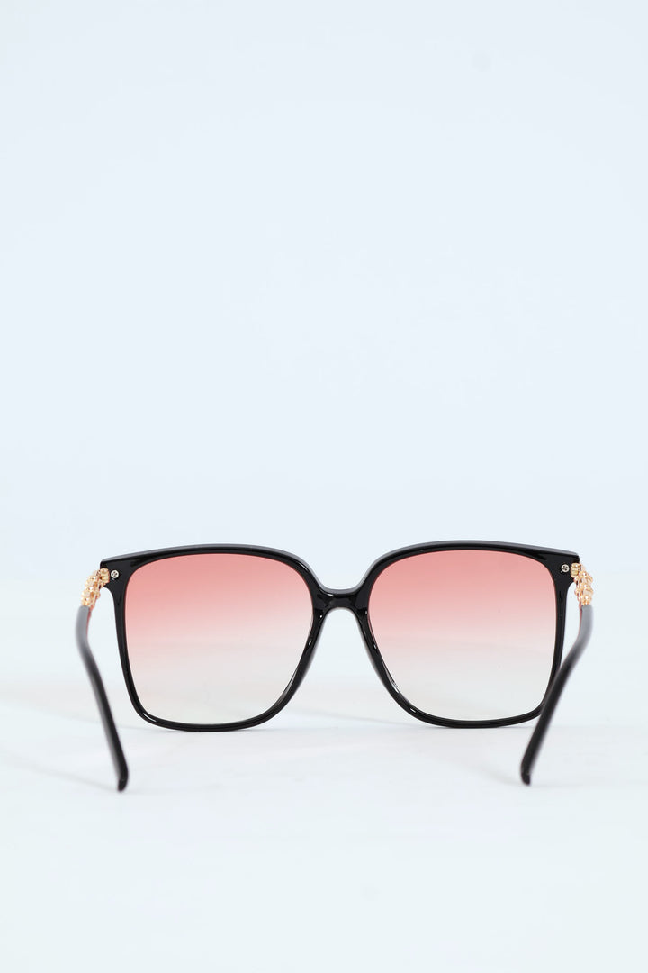 Cat Eye Gold Chain Trim Temple Sunglasses - Burgundy