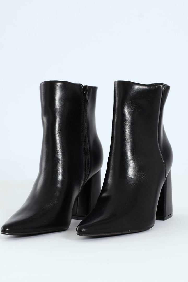 Pointy Block Heel Ankle Boot - Black