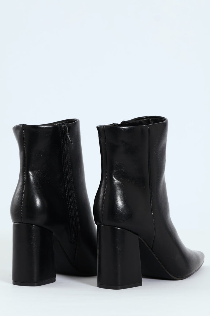 Pointy Block Heel Ankle Boot - Black