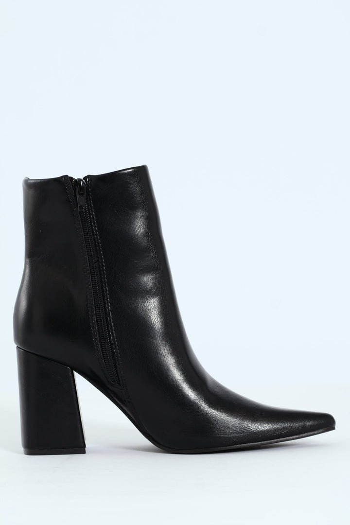Pointy Block Heel Ankle Boot - Black