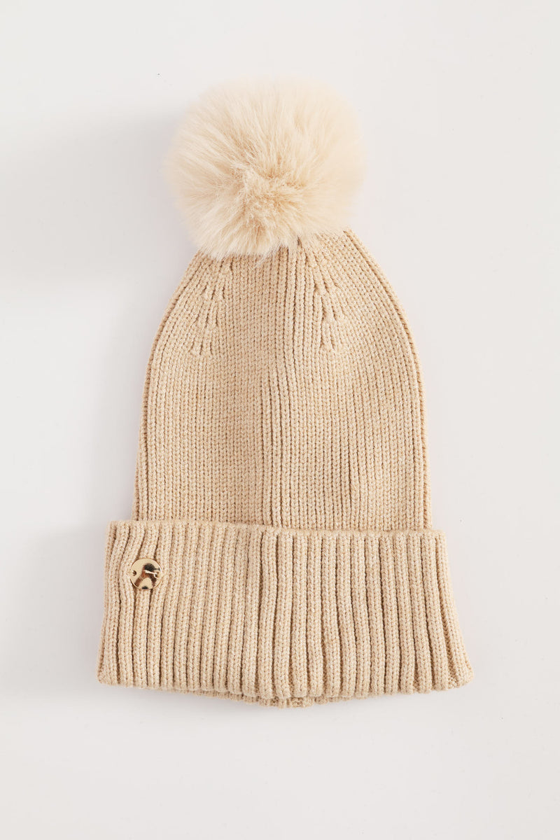 Knitted Pom Pom Beanie - Oatmeal