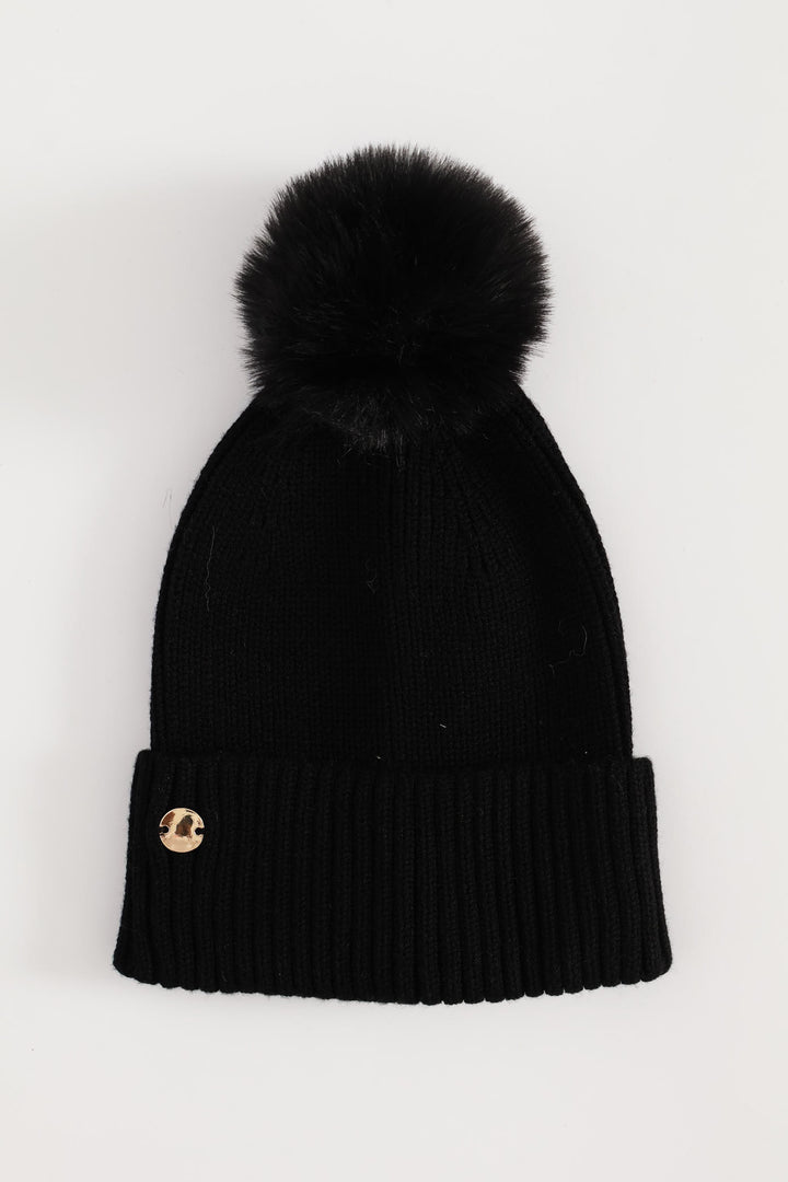 Knitted Pom Pom Beanie - Black