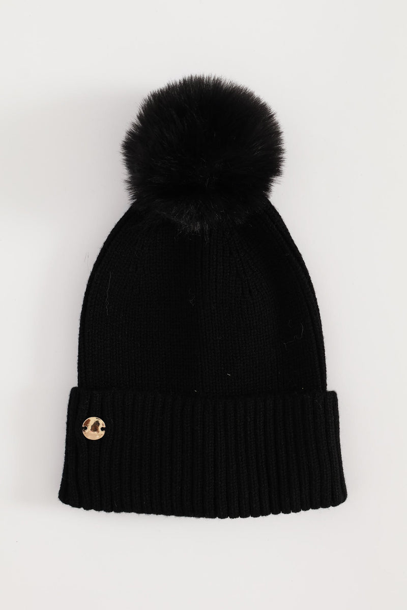 Knitted Pom Pom Beanie - Black