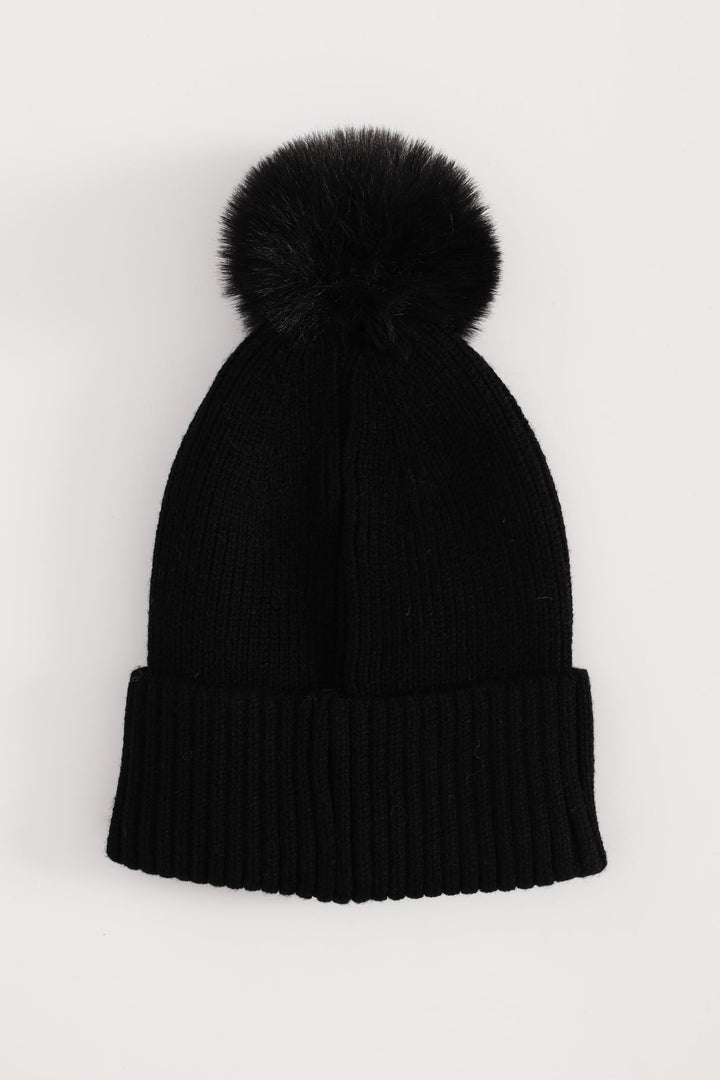Knitted Pom Pom Beanie - Black