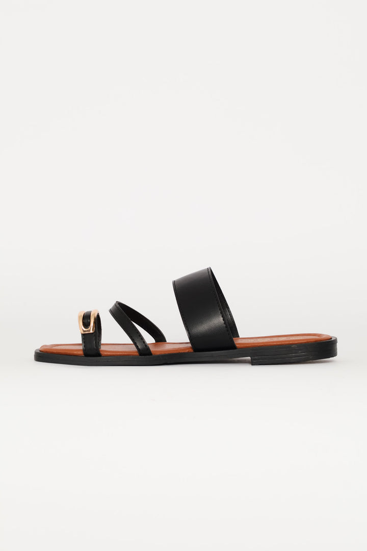 Metal Trim Toe Post Sandal - Black