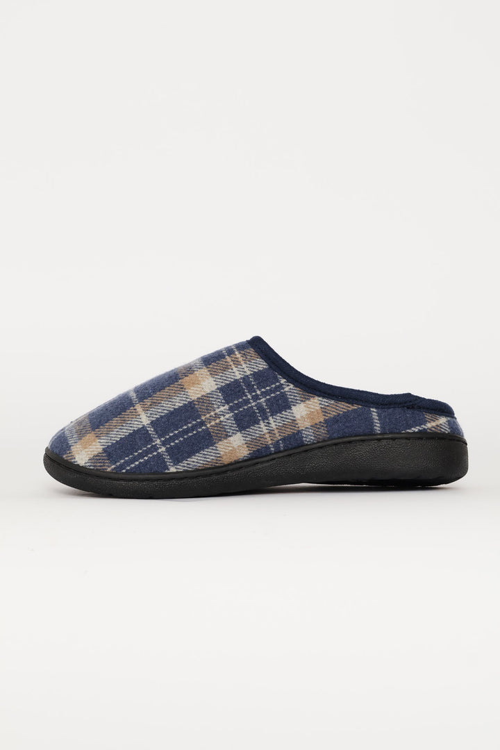 Check Half Open Back Slipper - Navy