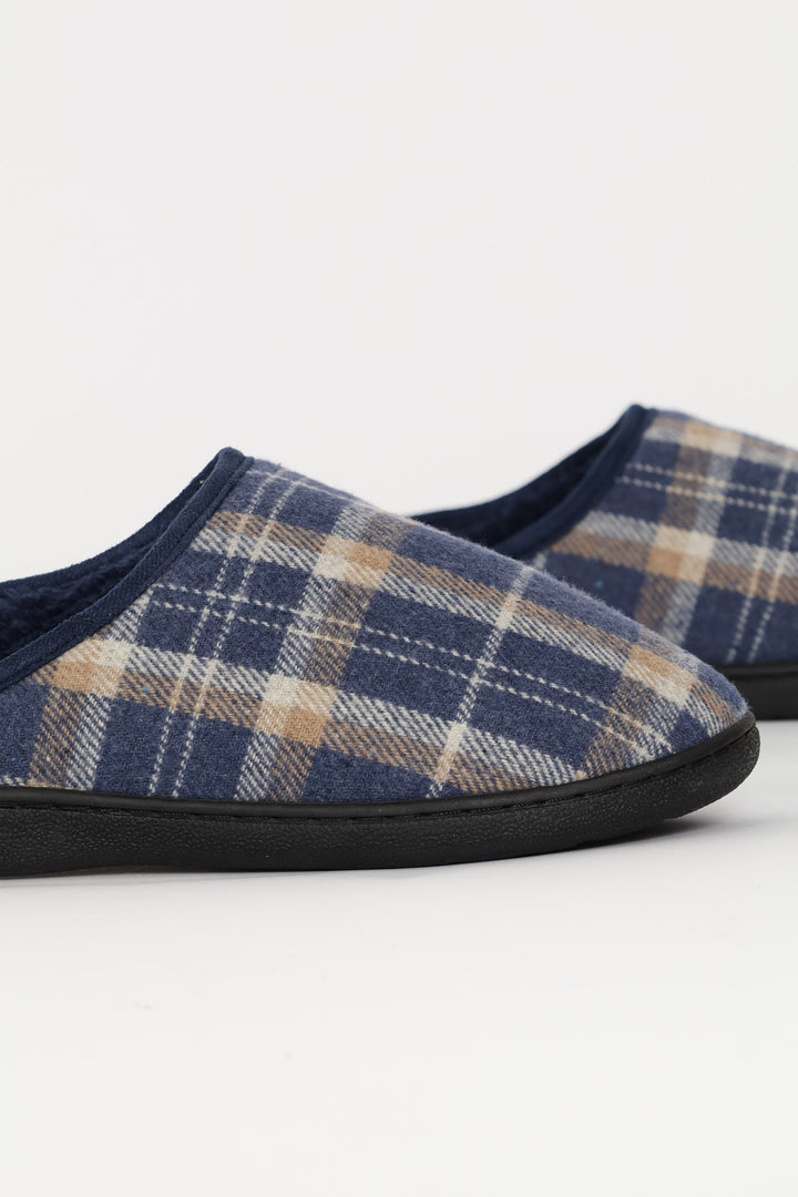 Check Half Open Back Slipper - Navy