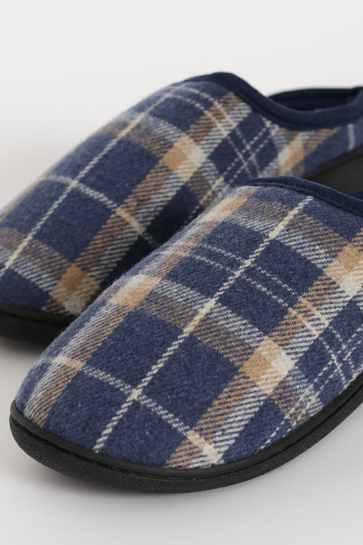 Check Half Open Back Slipper - Navy