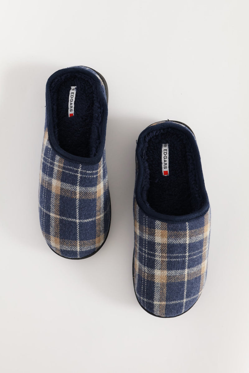 Check Half Open Back Slipper - Navy
