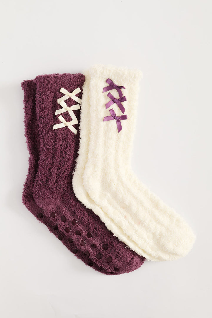 2 Pack Bows Cosy Socks - Burgundy