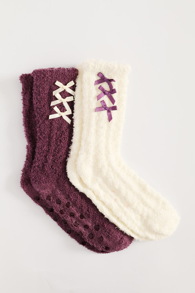 2 Pack Bows Cosy Socks - Burgundy