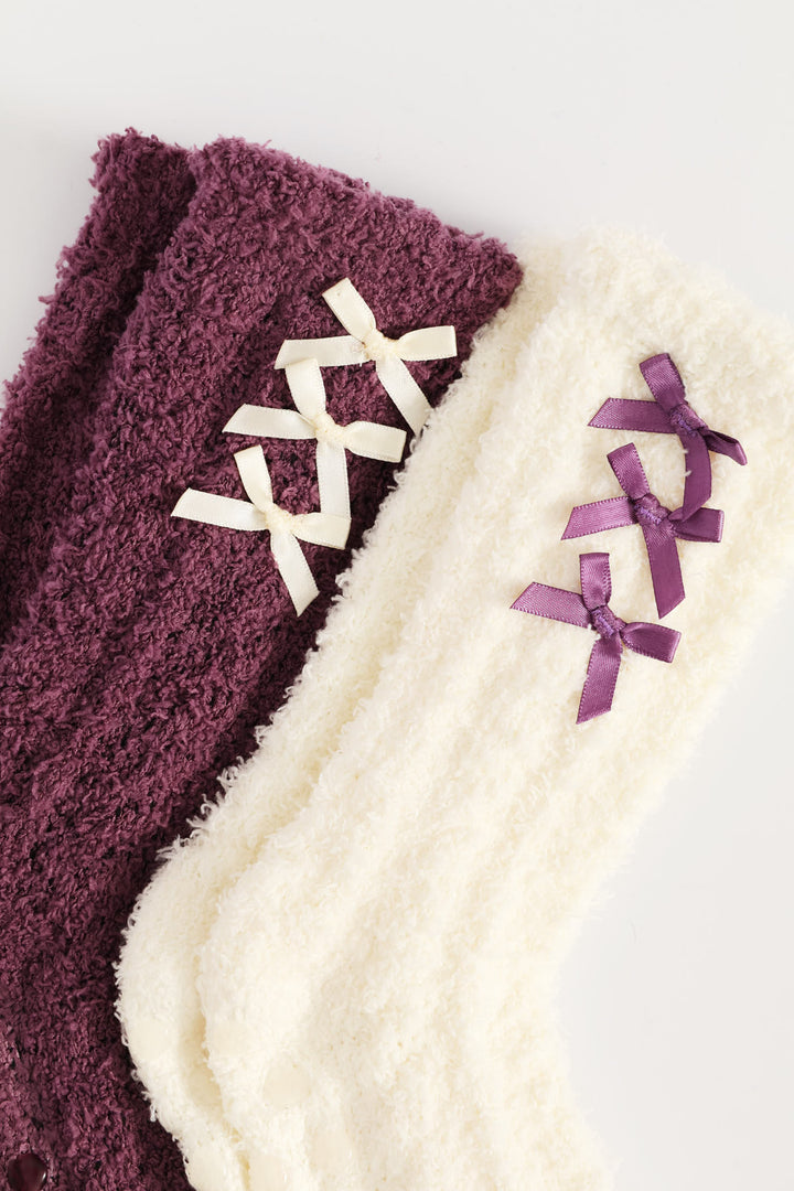 2 Pack Bows Cosy Socks - Burgundy