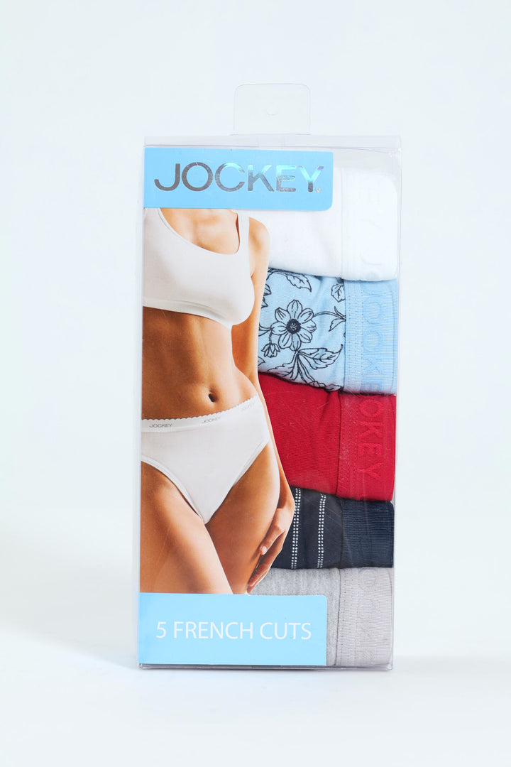 5 Pack Cotton Hi-Cut Tonal Print Panties - White/Bloom/Red/Navy