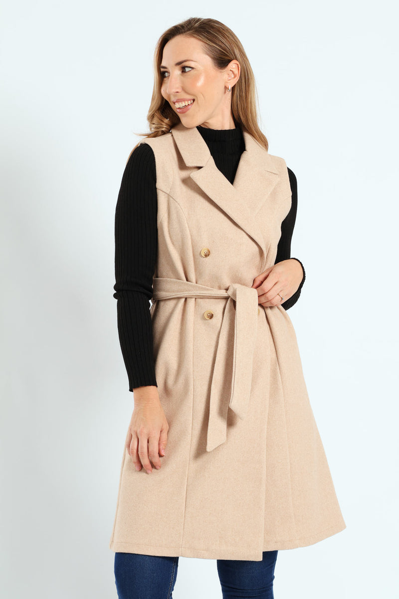 Long Length Belted Melton Gilet - Chestnut