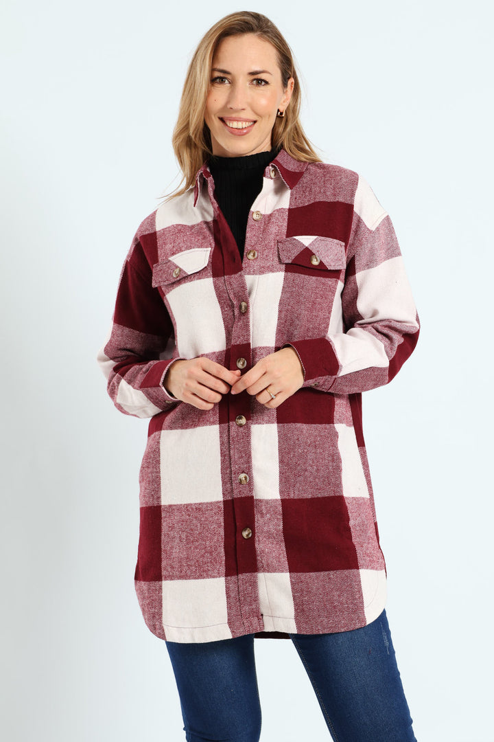 Curved Hem Long Length Lined Melton Shacket - Wine