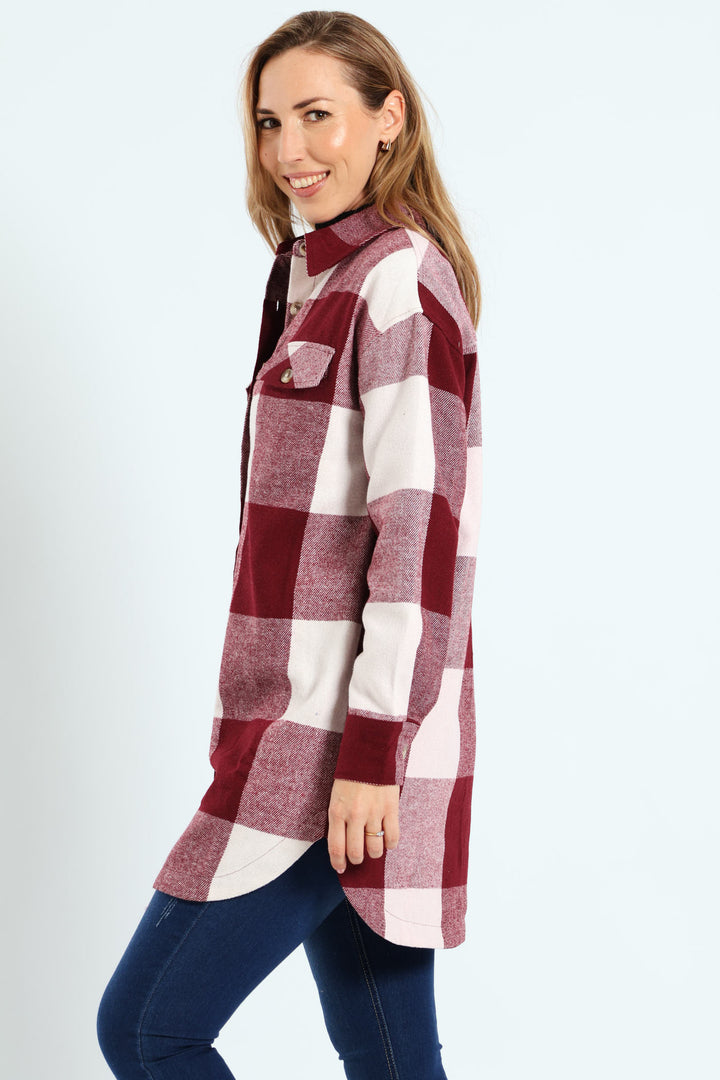 Curved Hem Long Length Lined Melton Shacket - Wine