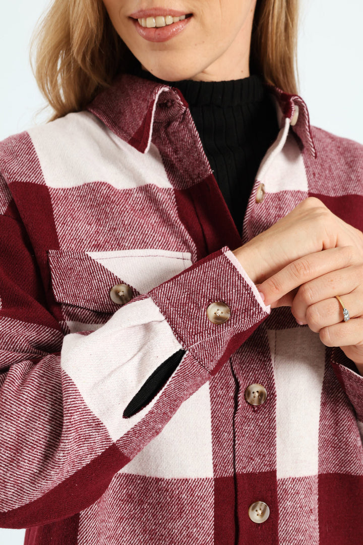 Curved Hem Long Length Lined Melton Shacket - Wine