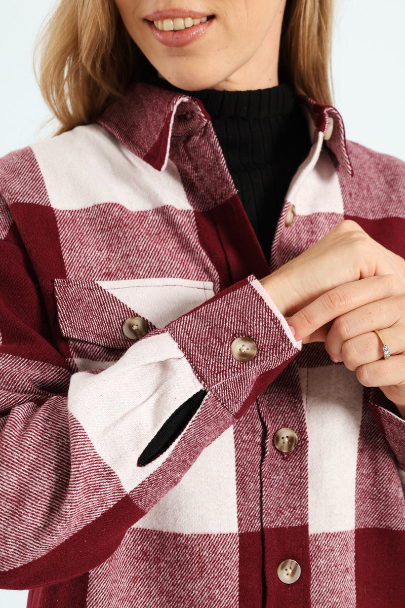 Curved Hem Long Length Lined Melton Shacket - Wine