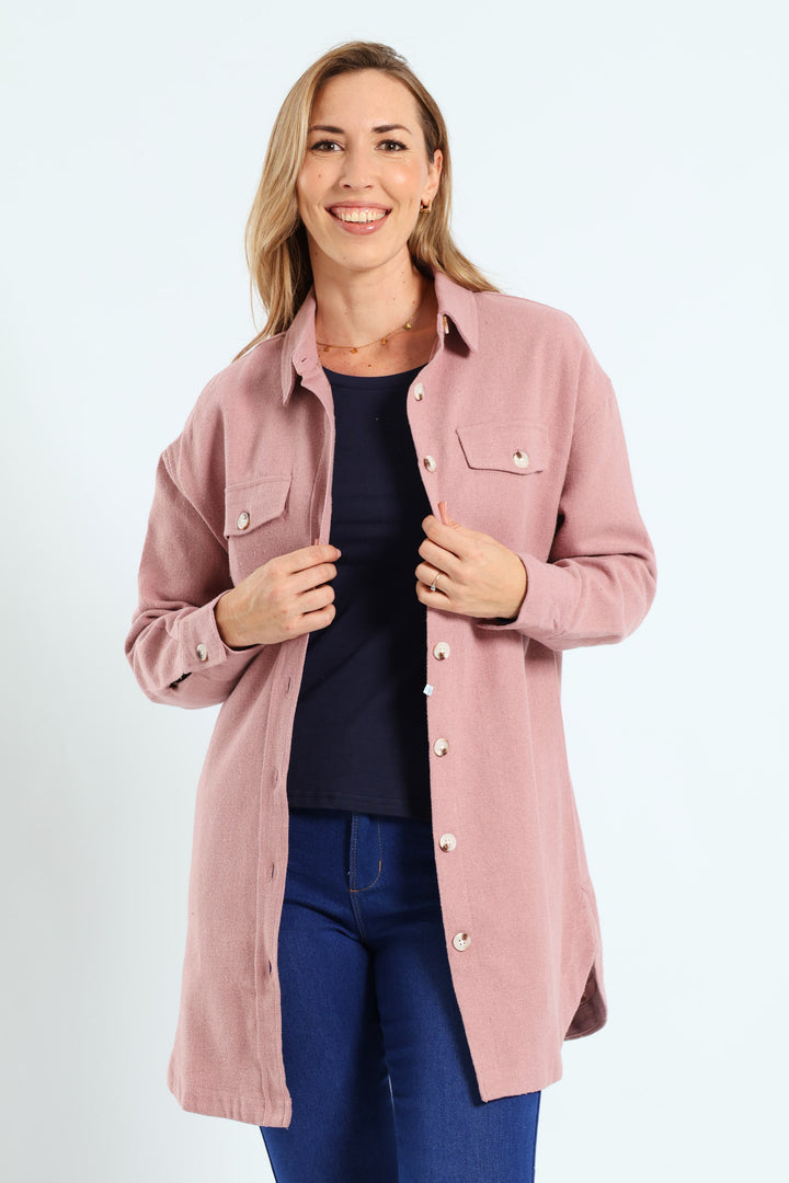 Curved Hem Long Length Lined Melton Shacket - Blush