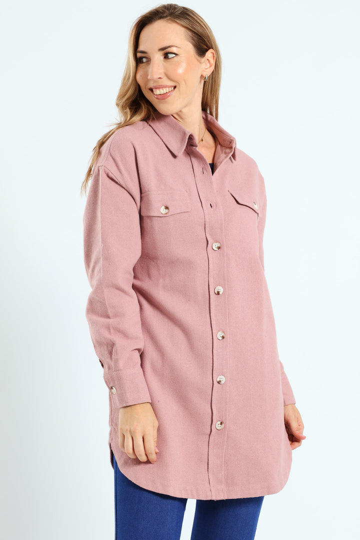 Curved Hem Long Length Lined Melton Shacket - Blush
