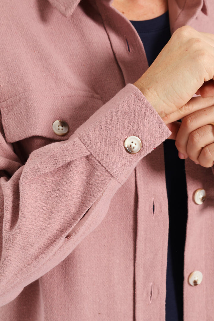 Curved Hem Long Length Lined Melton Shacket - Blush