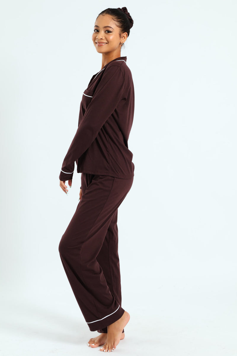Long Sleeve Button Through & Pants Knit Set With Scrunchie - Chocolate