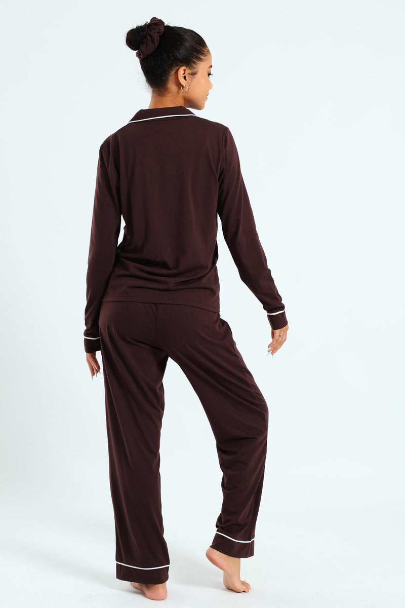 Long Sleeve Button Through & Pants Knit Set With Scrunchie - Chocolate