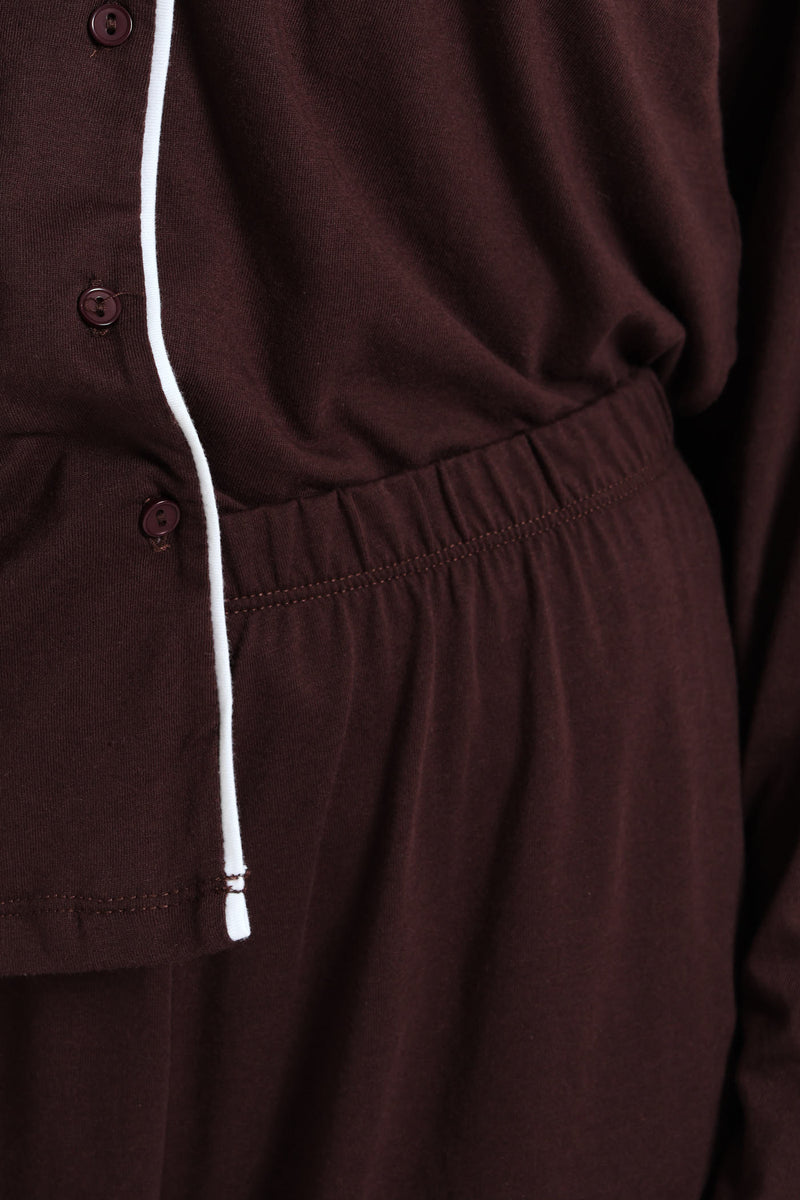 Long Sleeve Button Through & Pants Knit Set With Scrunchie - Chocolate