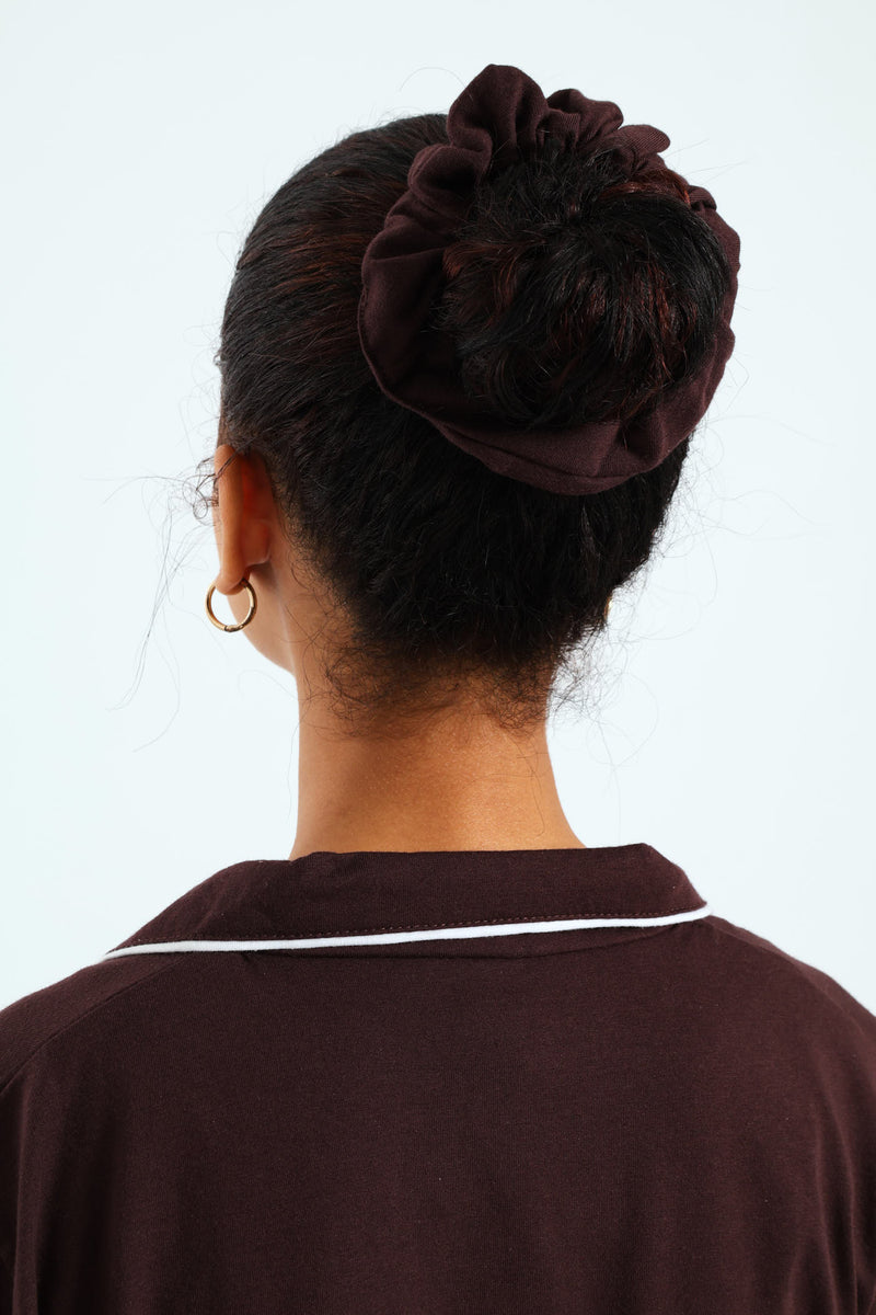 Long Sleeve Button Through & Pants Knit Set With Scrunchie - Chocolate