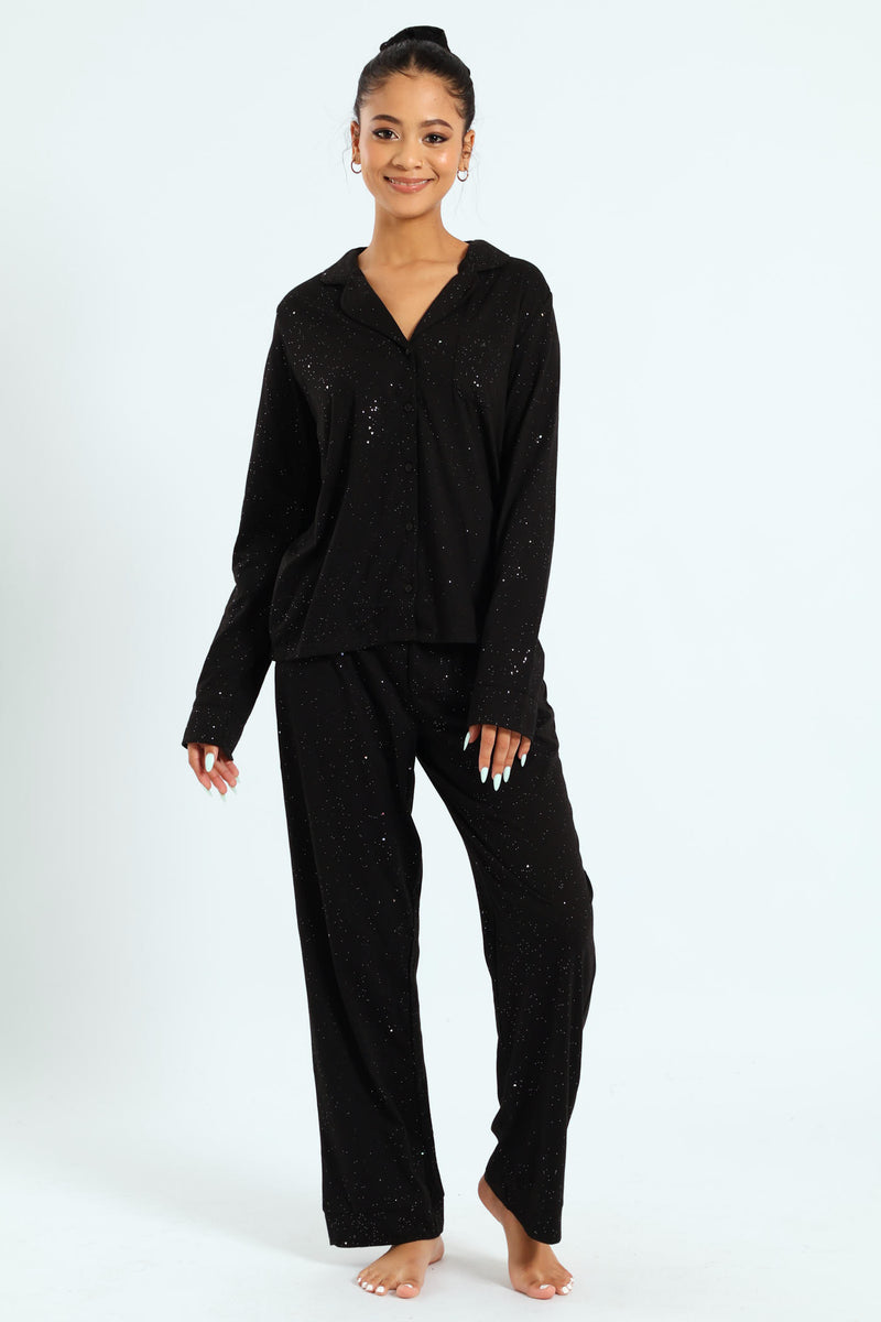 Long Sleeve Button Through & Pant Sparkle Knit Set With Scrunchie - Black