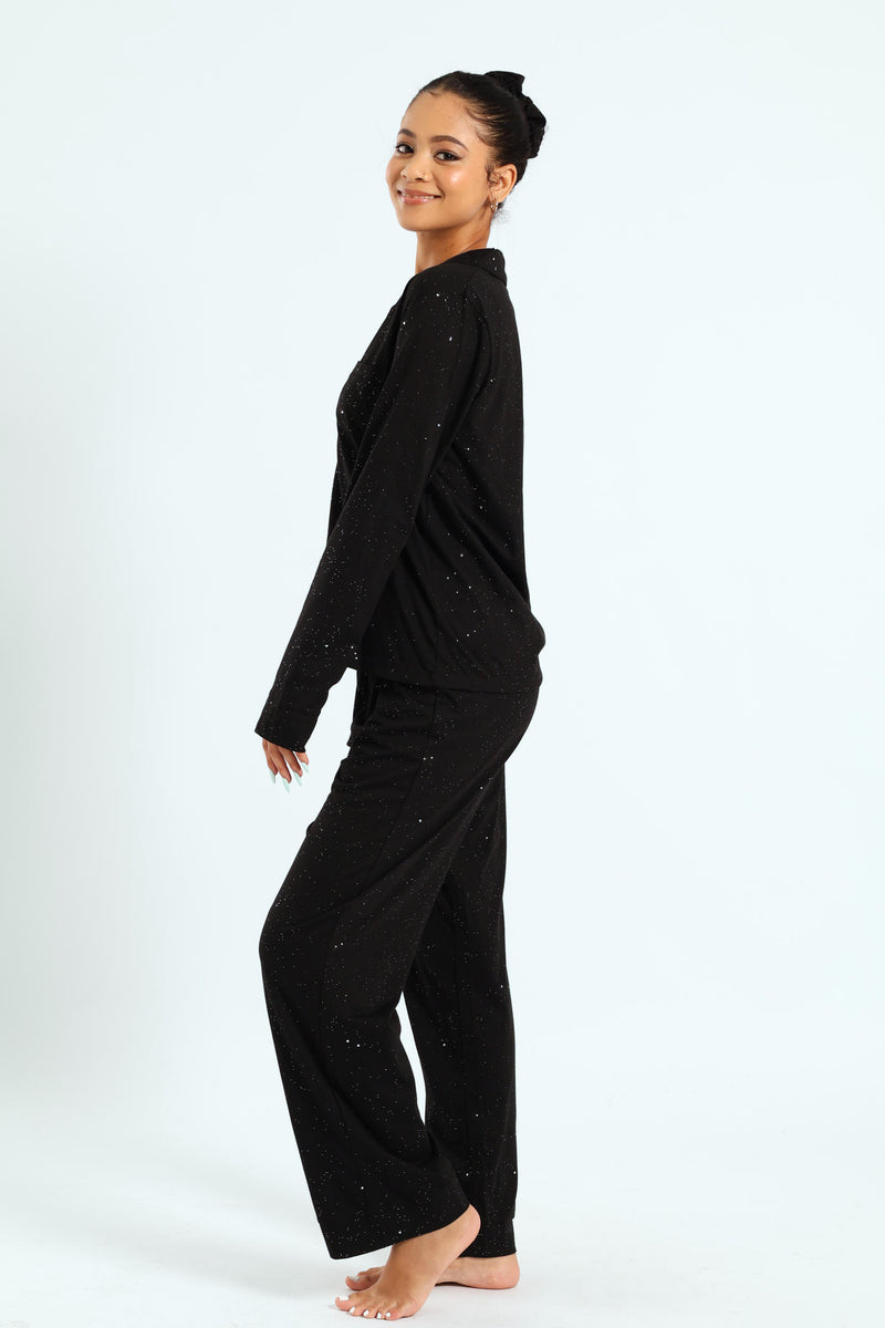 Long Sleeve Button Through & Pant Sparkle Knit Set With Scrunchie - Black