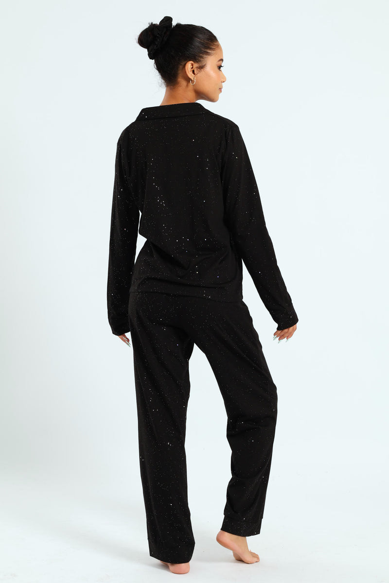 Long Sleeve Button Through & Pant Sparkle Knit Set With Scrunchie - Black