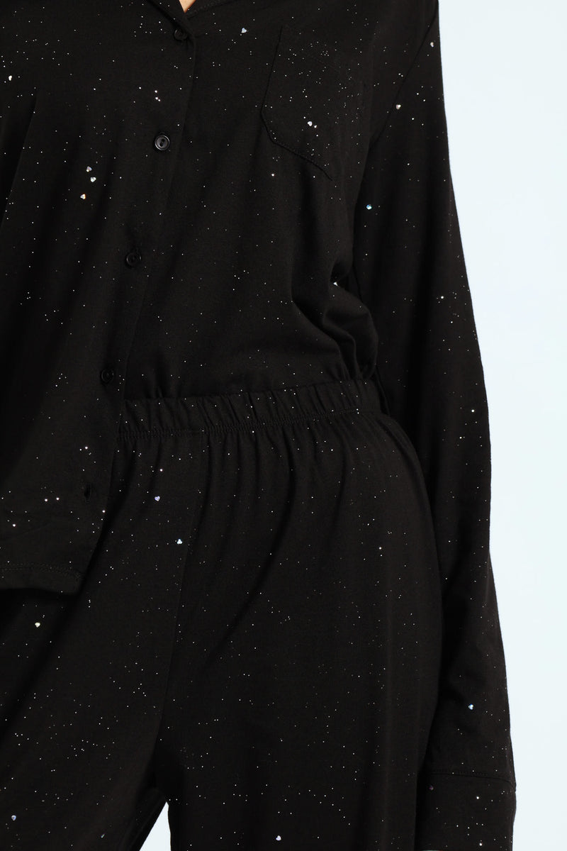 Long Sleeve Button Through & Pant Sparkle Knit Set With Scrunchie - Black