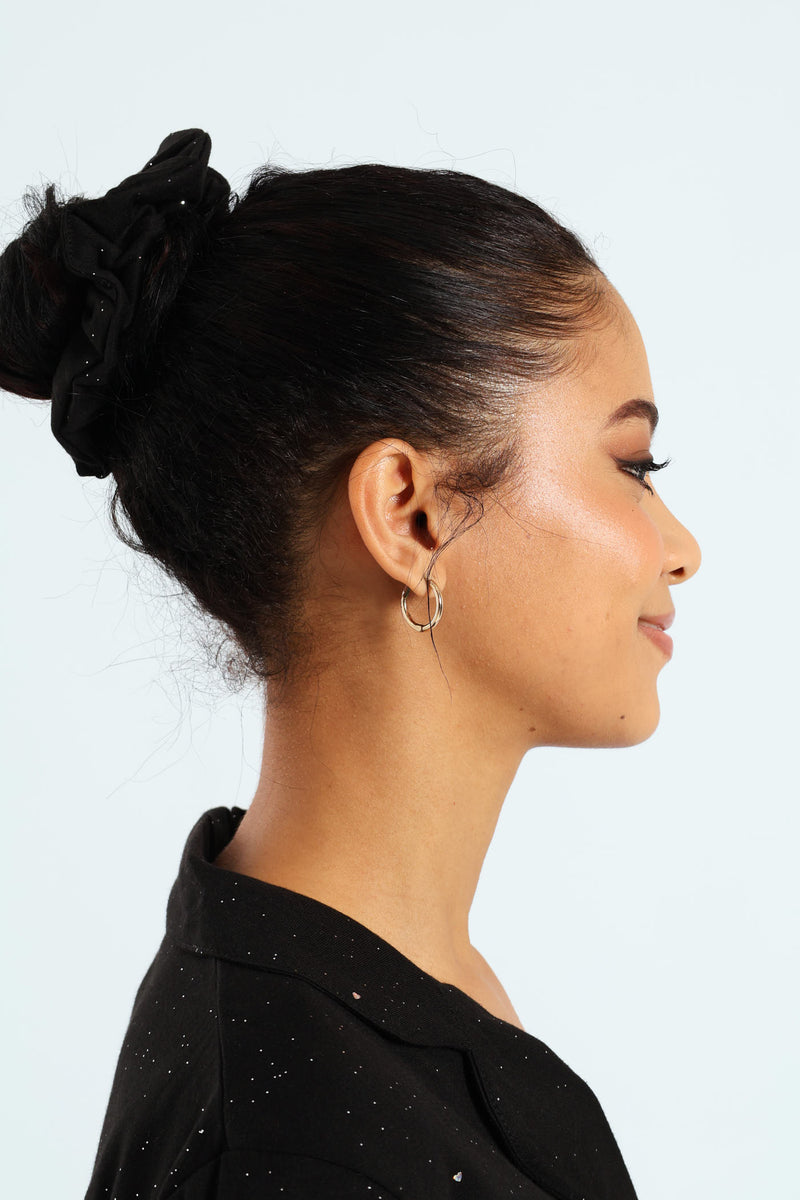 Long Sleeve Button Through & Pant Sparkle Knit Set With Scrunchie - Black