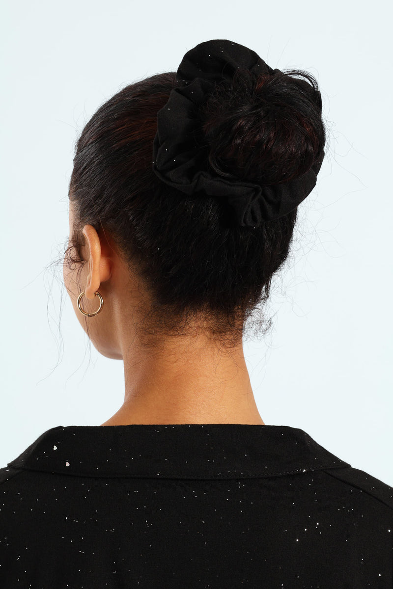 Long Sleeve Button Through & Pant Sparkle Knit Set With Scrunchie - Black