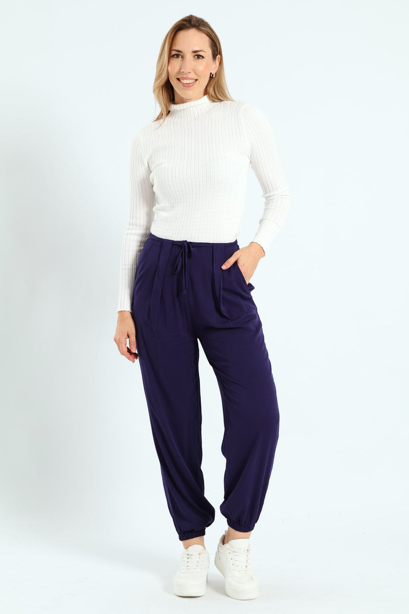 Belted Jogger With Grown On Waist - Navy