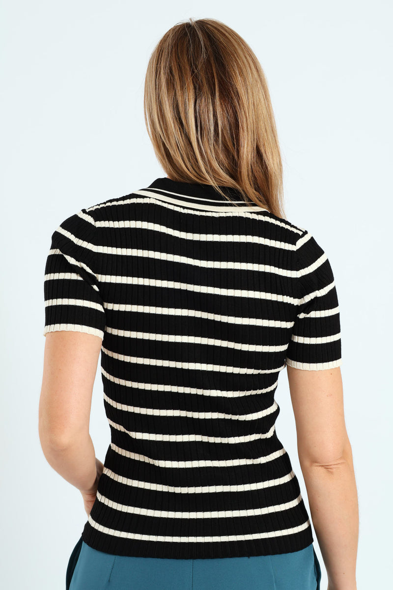 Striped Golfer Tee - Black/Cream