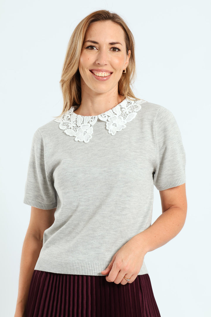 Keyhole Preppy Pullover Tee - Grey Melange