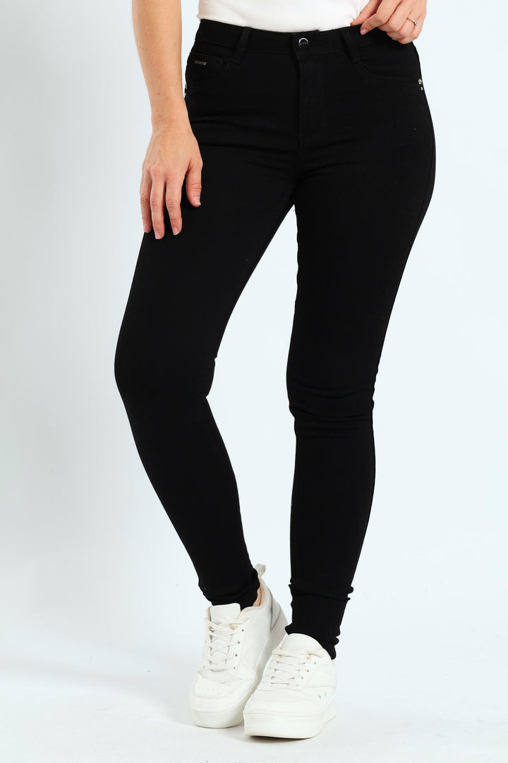 Mid Waist Skinny Denim With Wings On Pockets - Black