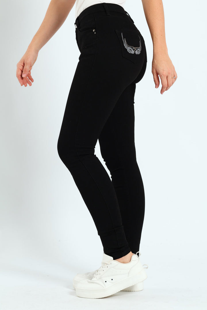 Mid Waist Skinny Denim With Wings On Pockets - Black