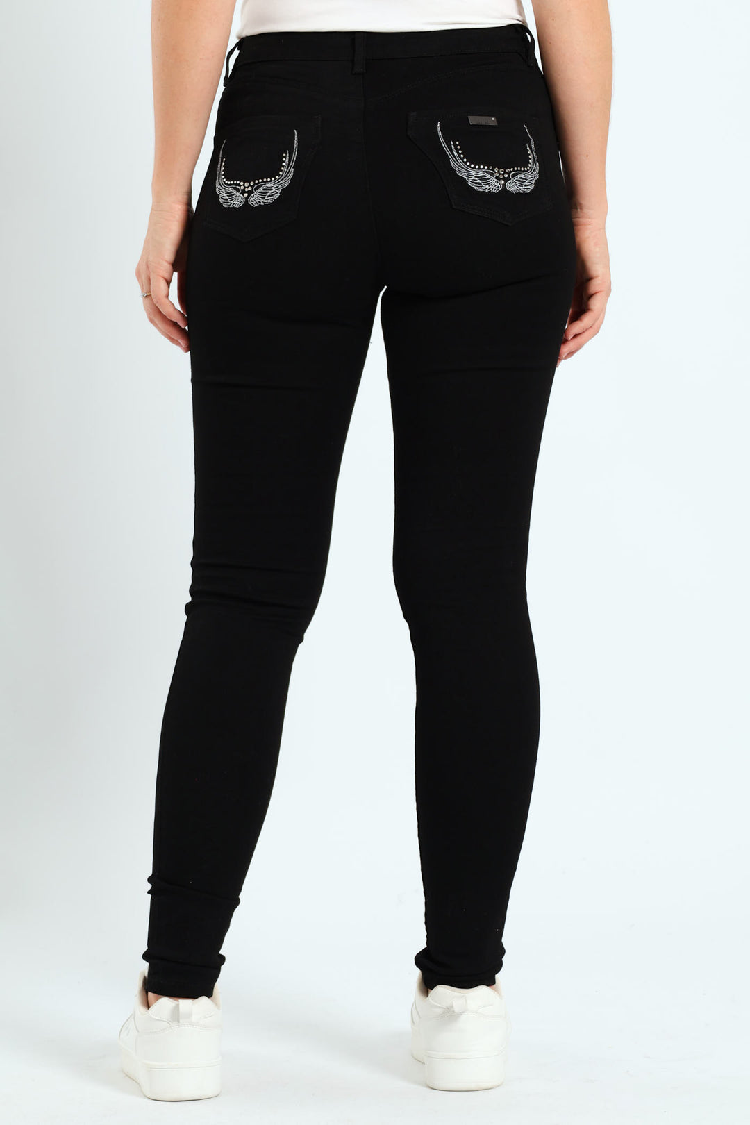 Mid Waist Skinny Denim With Wings On Pockets - Black