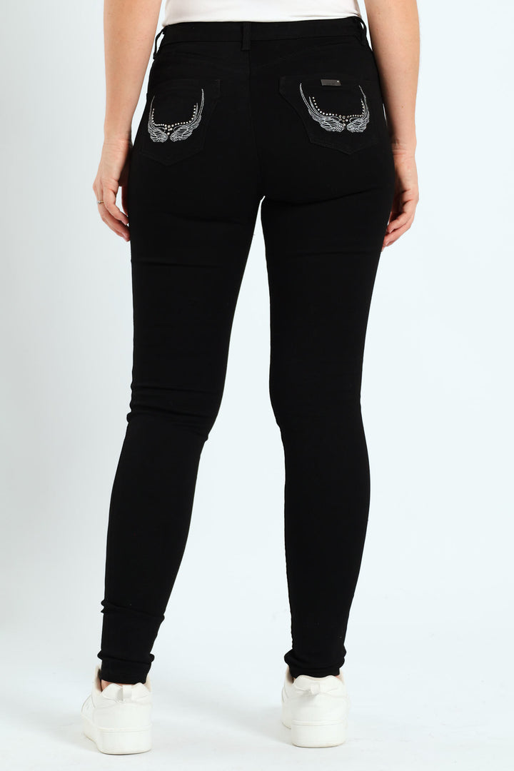 Mid Waist Skinny Denim With Wings On Pockets - Black