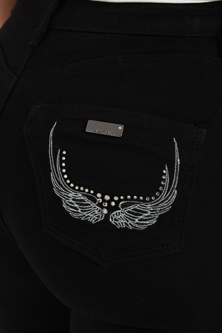 Mid Waist Skinny Denim With Wings On Pockets - Black