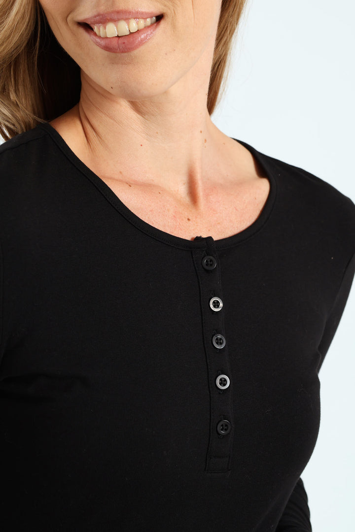 Long Sleeve Henley Top - Black