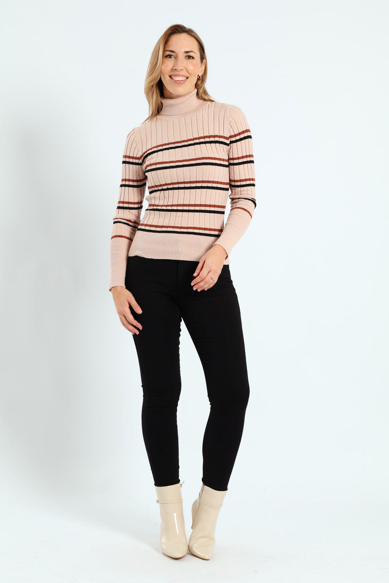 Ribbed Striped Poloneck - Black/Brown